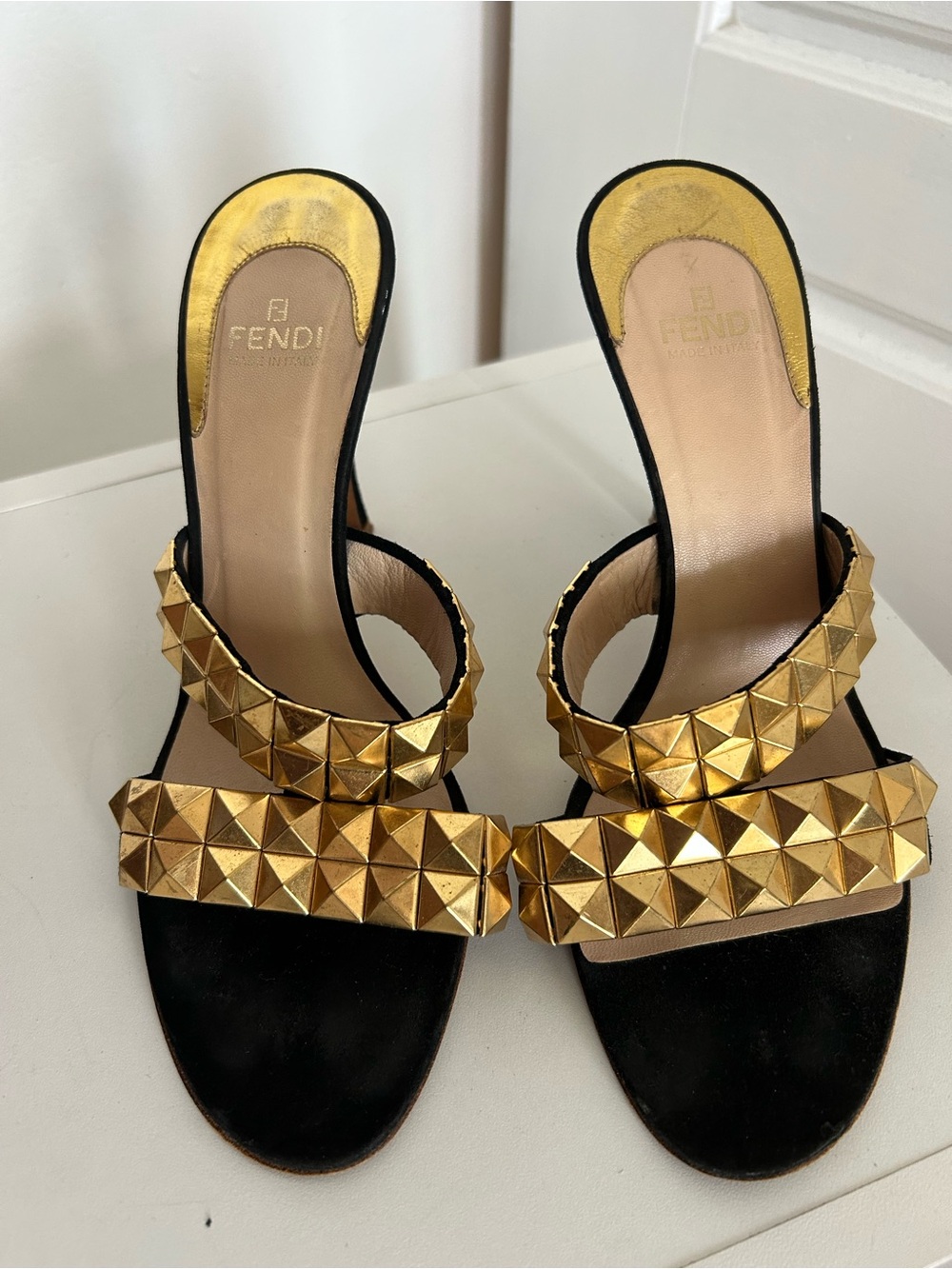 Fendi Black Suede Slides with Gold Pyramid Studs